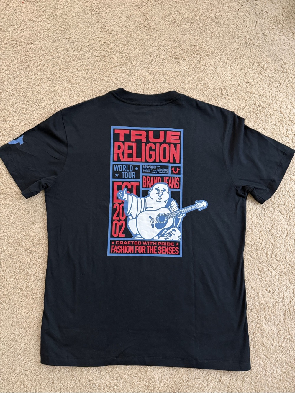 True Religion Black Tee with Red & Blue Graphic Back Print